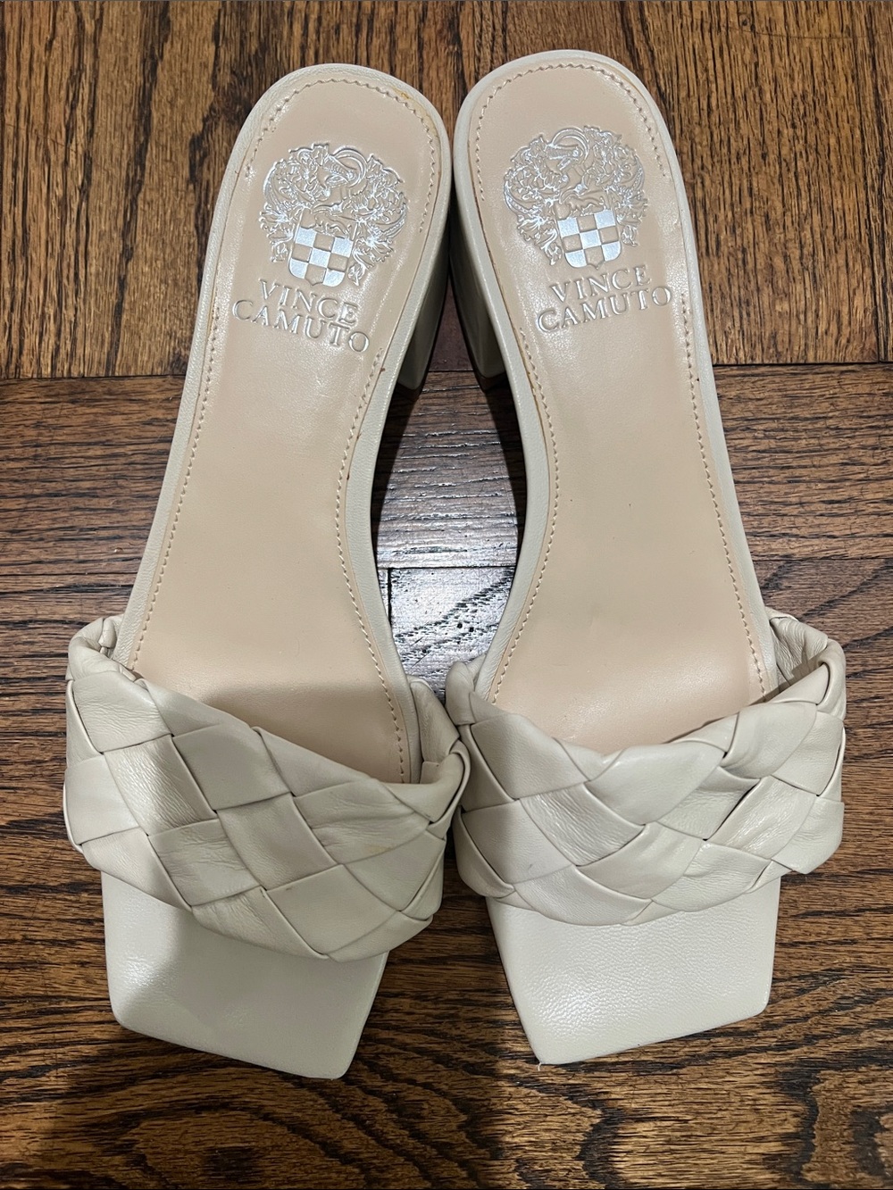 Vince Camuto Cream Woven Square-Toe Block Heel Mules - Picture 2 of 5